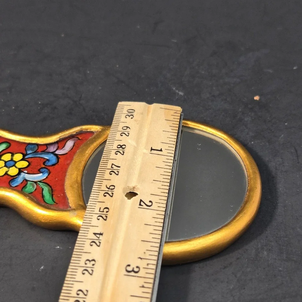 Vintage Peruvian Folk Art Hand Mirror Wood Painted Floral Gold Gilt Cusco Style